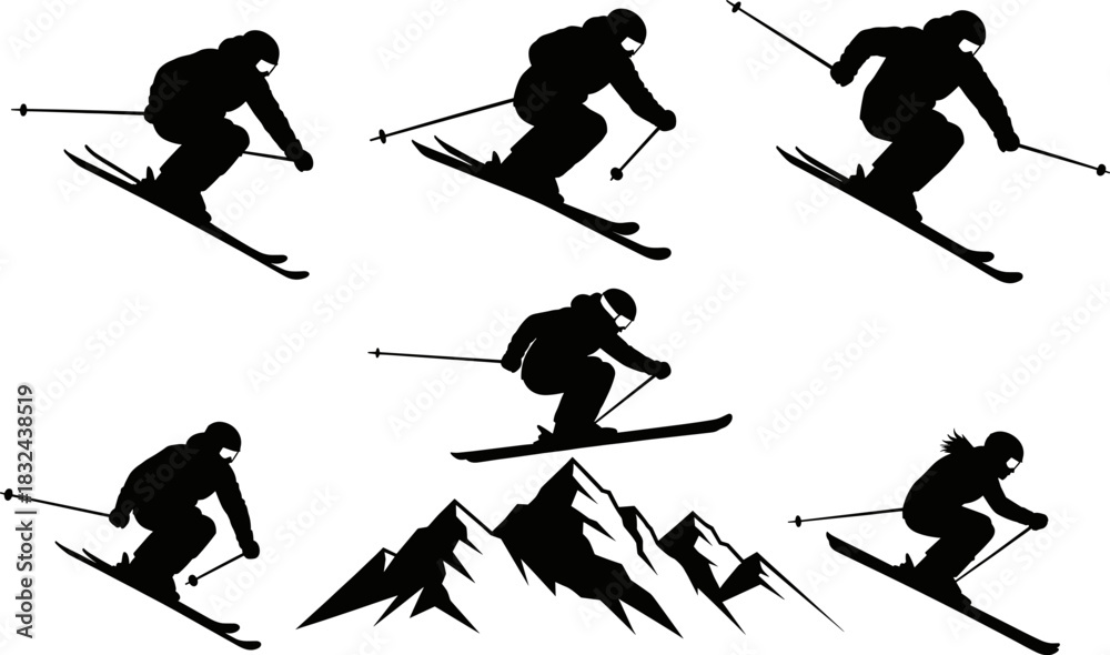 Naklejka premium Black and white vector silhouette collection of skiers in dynamic downhill poses, alongside a detailed mountain peak design, perfect for winter sports and extreme recreation.