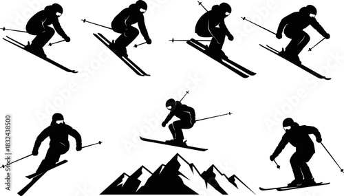 Black and white vector silhouette collection featuring professional skiers in various dynamic poses and a stylized mountain outline,