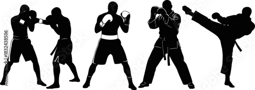 Black and white vector silhouette collection illustrating various martial arts disciplines, featuring dynamic boxers fighting 