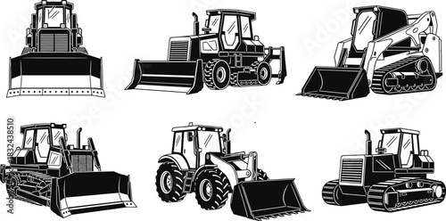 Black and white vector set of heavy construction equipment, including various types of bulldozers, wheel loaders, and skid steers; industrial machinery for earthmoving and site work.