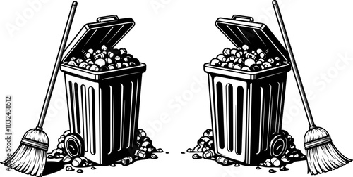 Black and White Vector Illustration Symbolizing Pollution, Waste Management, Cleanup, and Rubbish.