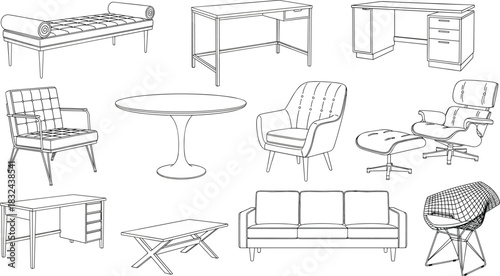 Collection of modern furniture silhouettes featuring chairs, sofas, tables, desks and lounge pieces for interior design and home decor, vector illustration