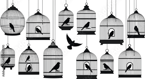 Collection of vintage birdcage silhouettes with perched birds and one flying bird, elegant decorative aviary set, detailed classic design vector illustration