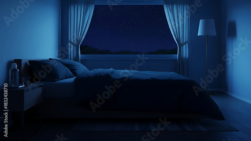 Serene bedroom interior with calming blue tones and starry night view, perfect for rest and relaxation, inviting peaceful sleep and dreams