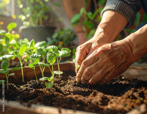 huerto casero con varios almácigos en crecimiento, ambiente cálido, hojas verdes, frescas, unas manos que toman una planta con mucho cuidado