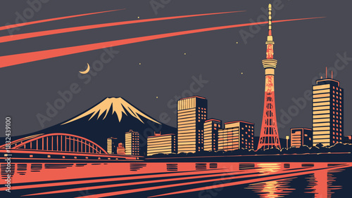 Tokyo skyline vector depicts vibrant nighttime cityscape. Ideal for travel guides, posters, and design projects needing a dynamic urban scene.