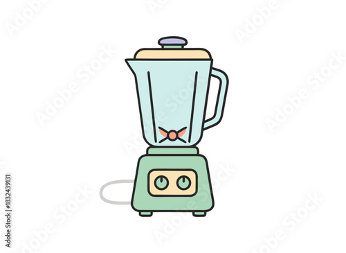 A light blue kitchen blender with beige and purple accents sits on a black background, showcasing its simple design and control knobs for blending ingredients.