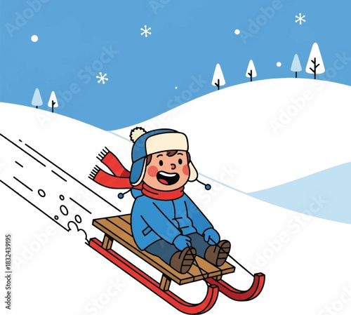 A happy cartoon boy sledding down a snowy hill during a winter snowfall.