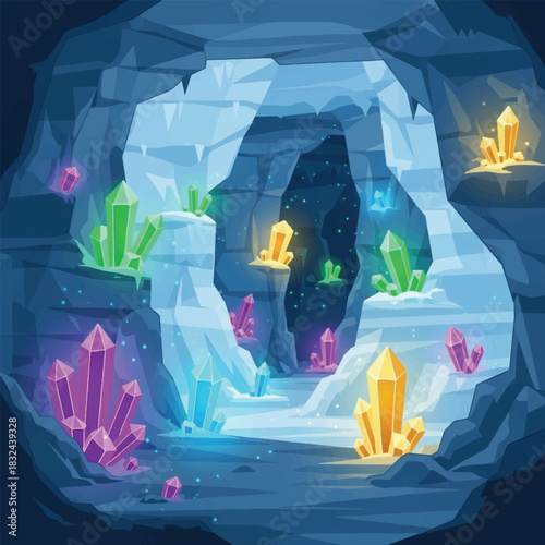 A vibrant, glowing crystal cave with various colored gemstones illuminating the icy cavern walls and floor.