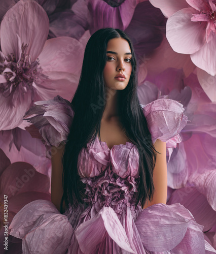 Beautiful woman in a dress made of large purple petals	