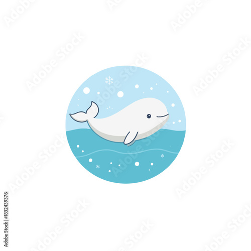 Delightful depiction of a beluga whale swimming serenely in icy arctic waters with falling snow