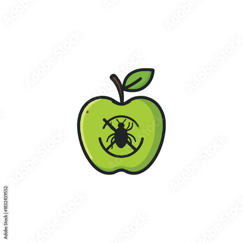 Pesticide-free produce illustration showcases an organic apple with a bug ban symbol representing