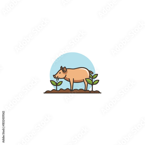 Playful farm animal illustration: Depicting a cute piglet in a vibrant agricultural scenery with
