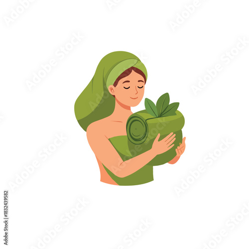 Serene woman embracing relaxation with a verdant rolled towel in tranquil wellness retreat
