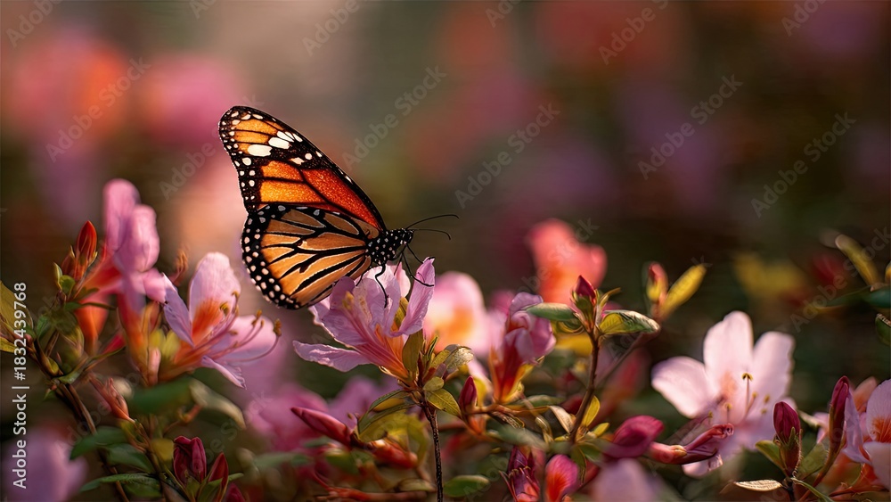 Naklejka premium Monarch butterfly perched on flowering plant in soft focus garden setting
