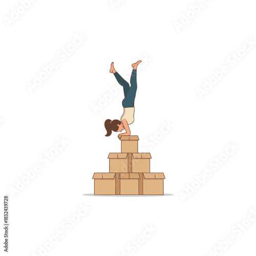Woman demonstrating handstand balance on cardboard boxes depicts fitness delivery challenge and