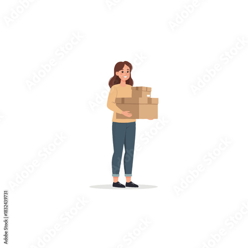 Woman carrying stacked cardboard boxes relocating into new home showcasing moving services and