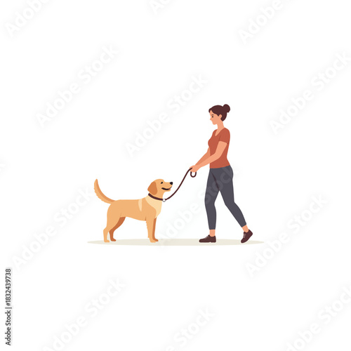 Woman enjoys a leisurely walk with her happy dog during a sunny day urban life canine bond vector