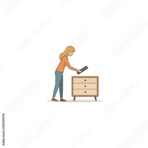 Woman interacts with a television remote standing near a nightstand in a minimalist setting