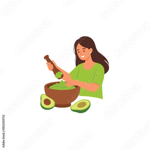Woman preparing vibrant guacamole using a traditional mortar with fresh avocados for healthy meal