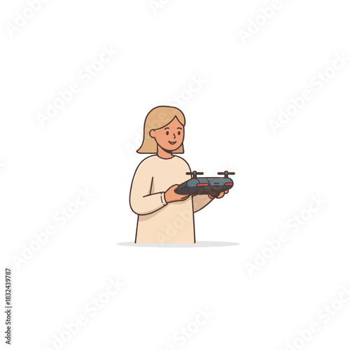 Young woman holding a modern drone, illustrating technological leisure and a youthful pursuit of