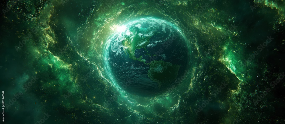 Obraz premium Green nebula envelops Earth; cosmic background; science fiction
