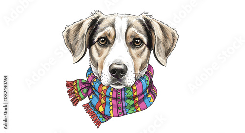 Cartoon-style illustration of a cute dog wearing a warm colorful knitted scarf isolated on white background
