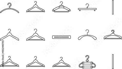 Clothes hanger icon set, various black vector styles for wardrobe organization, garment display, closet storage, isolated on white background