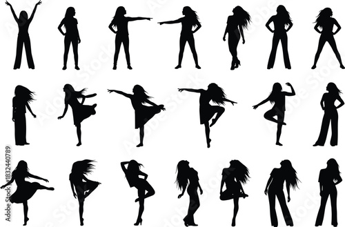 Dynamic human silhouette poses collection, expressive body movements in black vector style, dancing, pointing, standing, isolated on white background