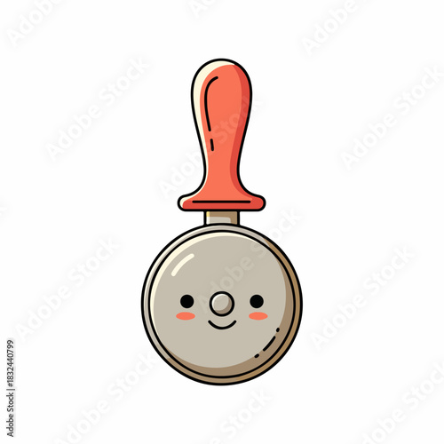 A cute kawaii pizza cutter with a smiling face and a red handle, a charming kitchen utensil illustration