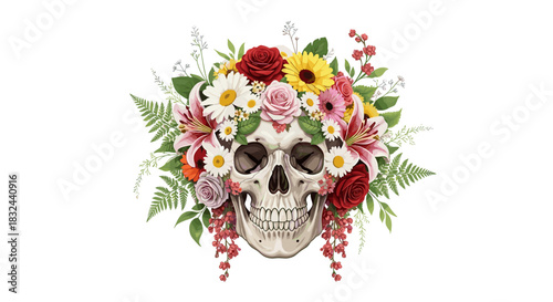 Vibrant human skull illustration adorned with beautiful colorful flowers and green leaves isolated on white background