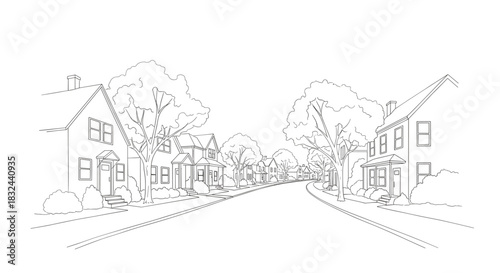 Suburban street houses trees line art illustration isolated on white background depicting peaceful neighborhood community