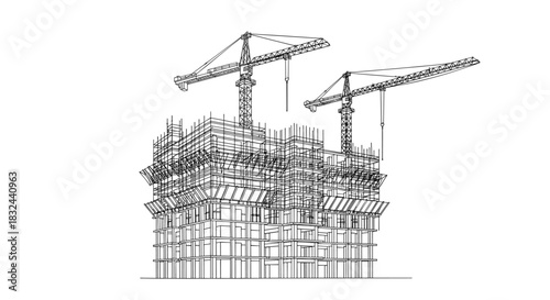 Architectural drawing of a multi-story building under construction with two cranes isolated on white background