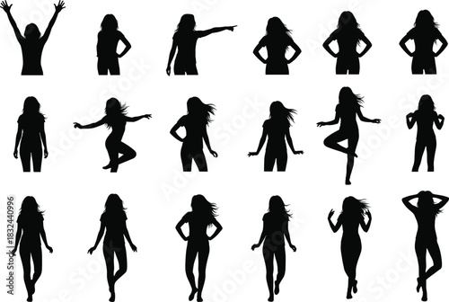 Human silhouette poses collection, expressive body gestures in black vector style, standing, walking, dancing, pointing, isolated on white background