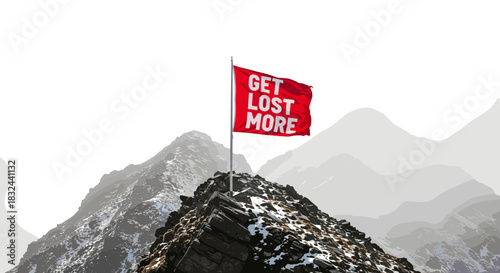 A vibrant red flag emblazoned with "GET LOST MORE" waving atop a treacherous snowy mountain peak