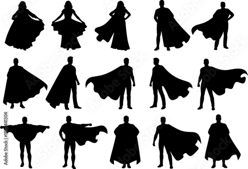 Collection of heroic cape silhouettes featuring male and female characters in dynamic standing poses, bold vector illustration style showcasing strength, confidence, movement, dramatic action design