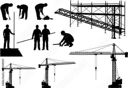 Construction workers silhouettes with cranes, scaffolding structures, heavy equipment, and industrial tools illustrating diverse building activities in a detailed vector engineering 