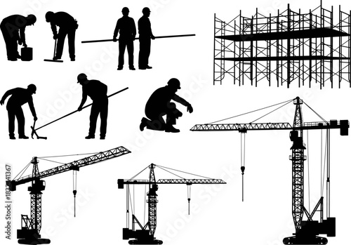 Construction workers silhouettes with cranes, scaffolding, industrial tools, heavy machinery, labor teamwork, professional building equipment, engineering elements for detailed vector illustration 