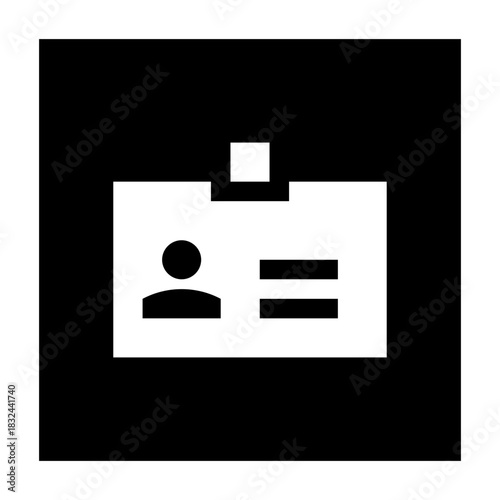 Solid black square icon of an ID badge with a silhouette, representing identification or access pass in a bold style.