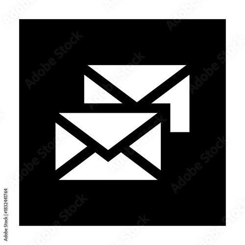 Solid black square icon of stacked envelopes, symbolizing multiple messages or bulk mail in a bold minimal design.
