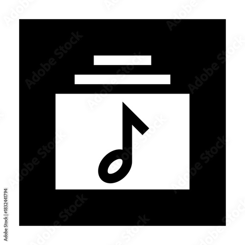 Solid black square icon of a music note inside a square file, symbolizing audio file or media content in bold style.