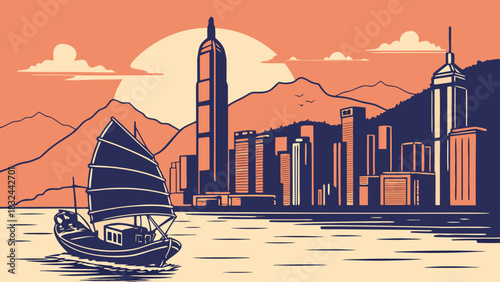 Hong kong skyline with a junk boat on victoria harbour, showcasing iconic city views, great for travel blogs, tourism websites, and social media posts.
