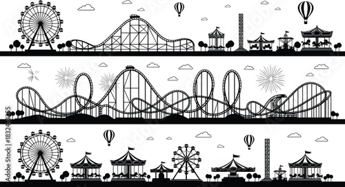 Amusement park silhouette vector set, black carnival rides, roller coaster, Ferris wheel, drop tower, hot air balloon, festive icon illustration