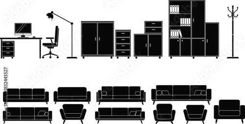 Black silhouette vector illustration set of office furniture, file cabinets, desk, chair, and living room seating, symbolizing interior design, home, and professional space.
