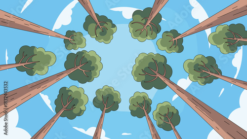 Whimsical cartoon trees reach for a bright blue sky with fluffy clouds, perfect for children's illustrations or nature themed designs