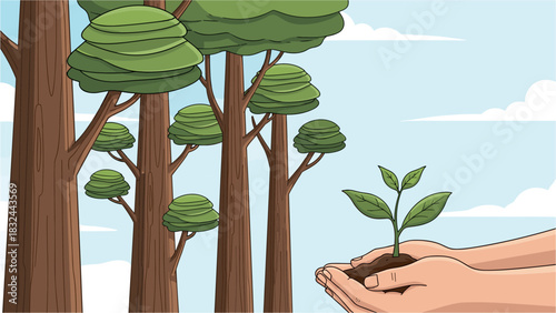 Nurturing new life a sapling held gently in hands against forest backdrop celebrating reforestation and nature's resilience