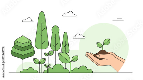 Growing new life concept with hands holding seedling and green landscape illustration for environmental projects and sustainable future