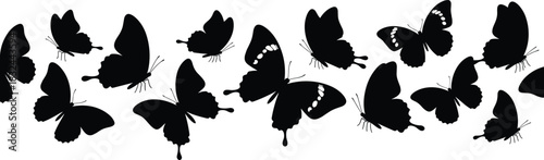 Butterfly silhouette vector set, black flying poses, wing shape variety, nature clipart, insect icon, decorative design, artistic flight illustration