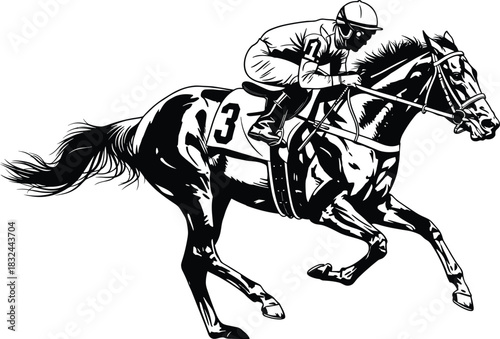 Black and white vector illustration of a jockey riding a galloping racehorse in a competition, symbolizing speed, equestrian sport, derby, and winning ambition.
