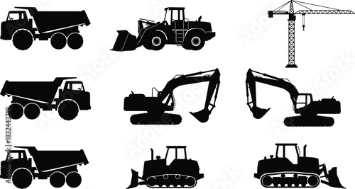 Construction vehicle silhouette vector set, black heavy equipment icons, dump truck, excavator, bulldozer, crane, loader clipart, industrial machinery illustration